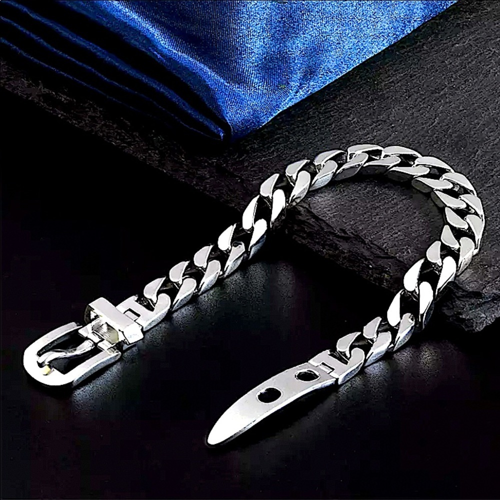 Belt Buckle Sterling Silver Bracelet Chain Link Unisex - Picture 3 of 8